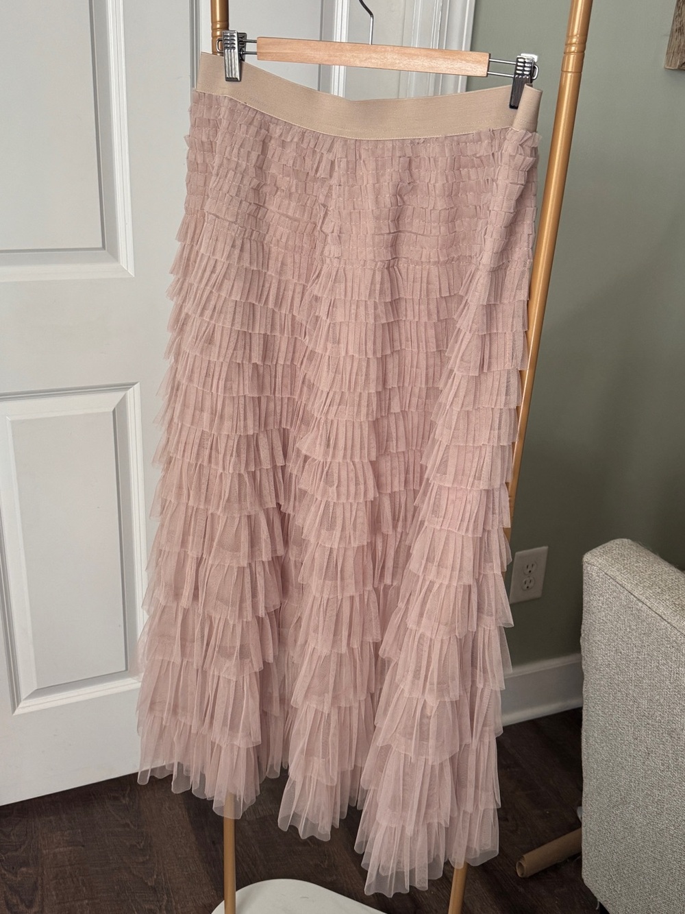 Layered Ruffle Maxi Skirt — Soft Dusty Pink